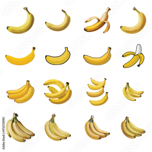Set of realistic vecto banana, Yellow banana on white background. Stock illustration. 