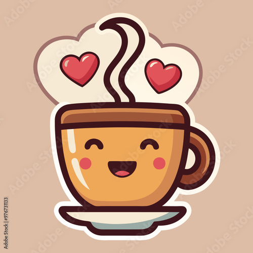 A whimsical sticker illustration of a coffee cup with a smiling face