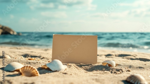 Paper sign on a sandy beach with seashells around it, slightly curled by the wind, with a soft focus on the background.