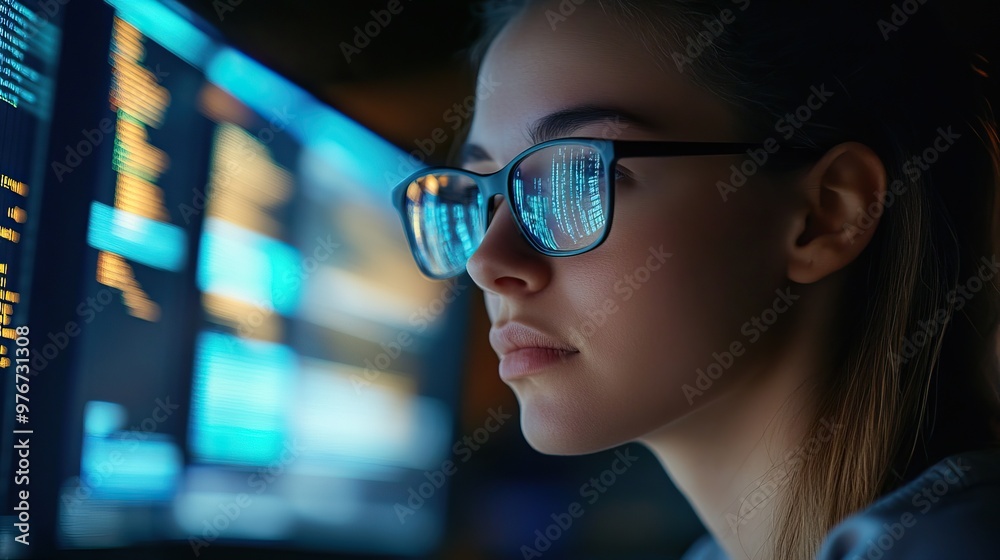 Close-up of Asian woman programmer with glasses reflecting code on computer screen in dark office Close-up of Asian woman programmer with glasses reflecting code on computer screen in dark office