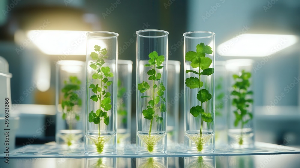 Test tubes with various green plant samples growing in clear gel under natural lab lights, representing biotechnology research, photorealistic