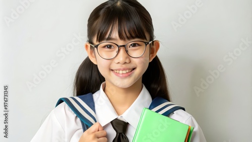 Portrait of a Smiling Schoolgirl in Uniform Holding Books