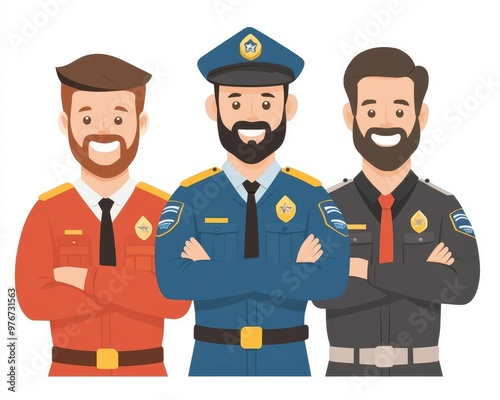 Three diverse male characters in uniforms representing various law enforcement roles, smiling confidently at the viewer.