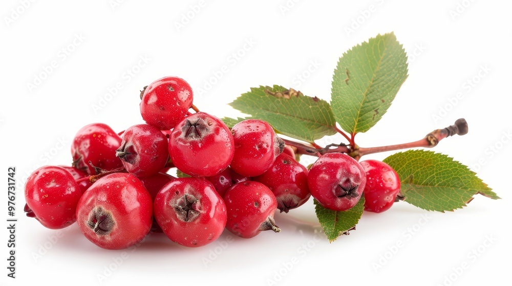 Vibrant rowan berries clinging to branch in close up against a crisp white background Vibrant rowan berries clinging to branch in close up against a crisp white background