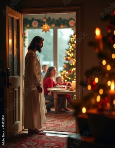 A serene Christmas scene where Jesus Christ visits a family at their warmly decorated home, standing by the door as they gaze at him in awe. Perfect for themes of faith, Christmas