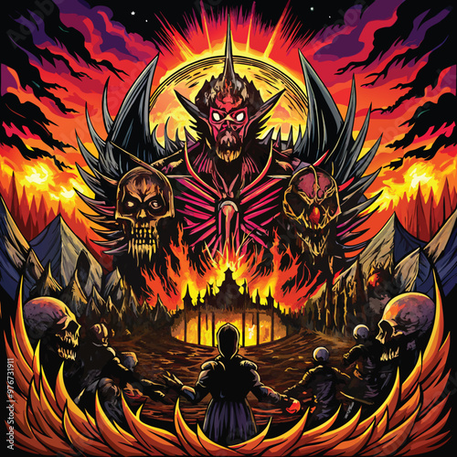 a death metal  featuring an infernal battlefield, where celestial forces clash in a cataclysmic war.