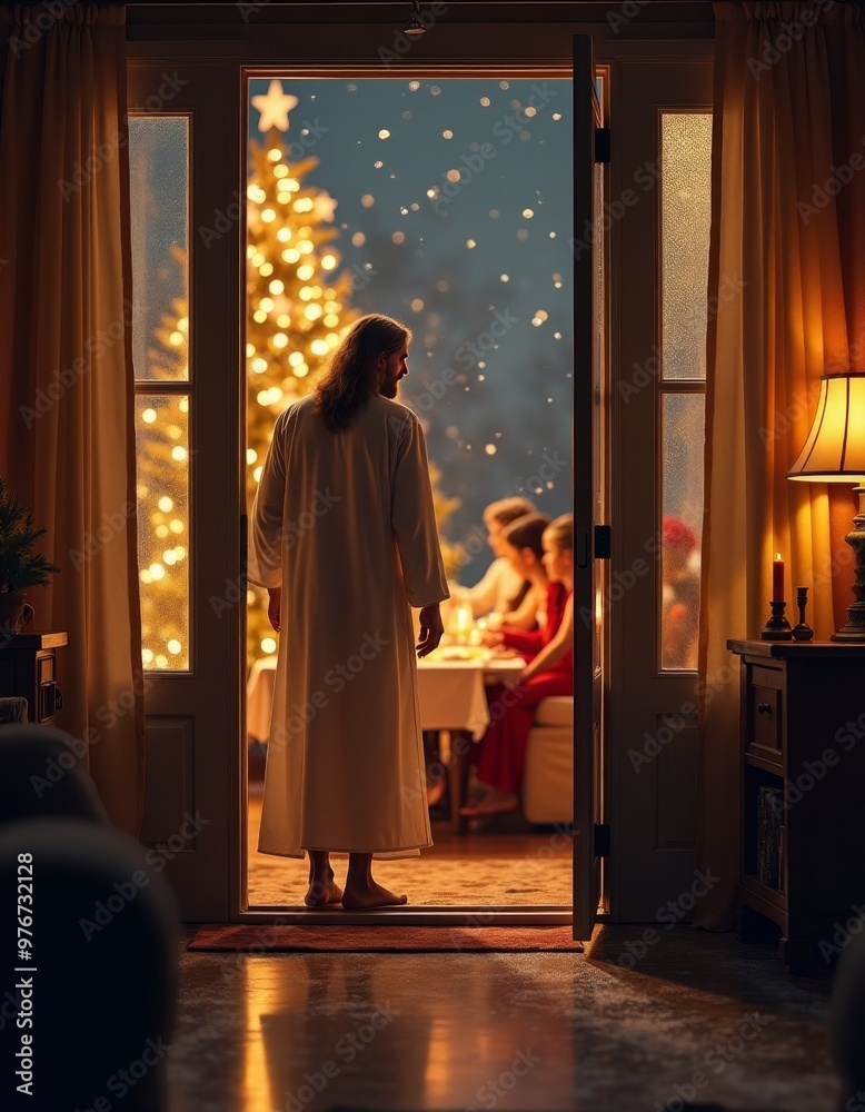 A serene Christmas scene where Jesus Christ visits a family at their warmly decorated home, standing by the door as they gaze at him in awe. Perfect for themes of faith, Christmas A serene Christmas scene where Jesus Christ visits a family at their warmly decorated home, standing by the door as they gaze at him in awe. Perfect for themes of faith, Christmas