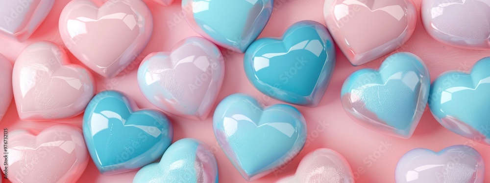 Valentine's day background with pink and blue heart-shaped metallic chrome candies on pink background Valentine's day background with pink and blue heart-shaped metallic chrome candies on pink background