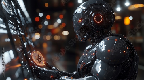 Futuristic Robot Holding Bitcoin Coin in Hands, 3D Illustration