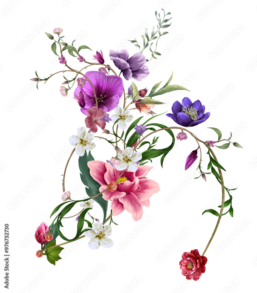 watercolor painting of leaves and flower, on transparent background watercolor painting of leaves and flower, on transparent background
