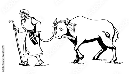 Vector drawing. Old wooden yoke on the cow