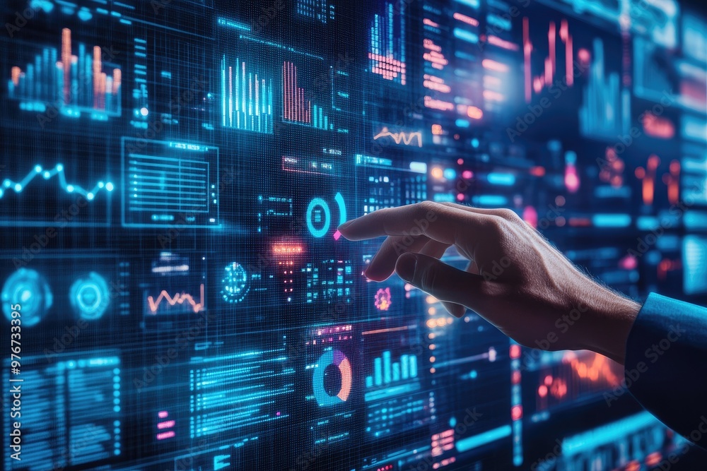 Digital transformation concept with hand interacting with futuristic interface. Digital transformation concept with hand interacting with futuristic interface.