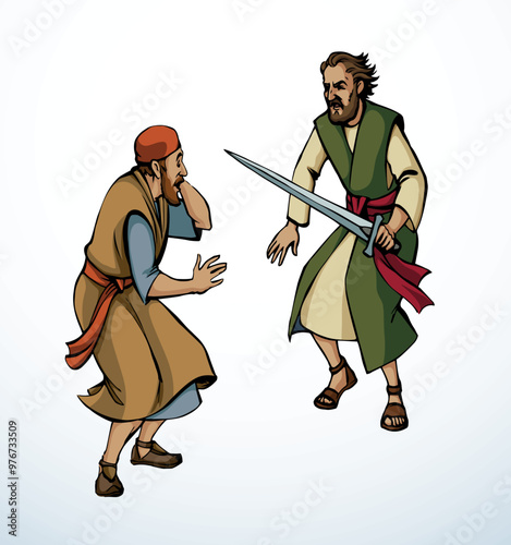 Vector drawing. Afraid man in eastern clothes