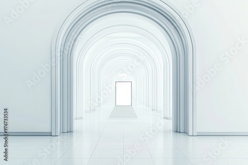 A long, narrow hallway with white walls and a white archway