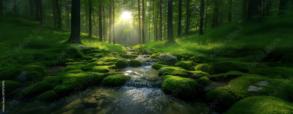 Obraz premium Sunlight streams through a lush forest, illuminating a babbling brook.
