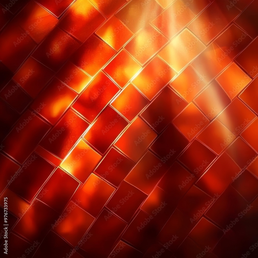 Vibrant red-orange brick wall, irregular geometric patterns, soft shadows for dimension, high-contrast lighting, abstract art style, digital illustration Vibrant red-orange brick wall, irregular geometric patterns, soft shadows for dimension, high-contrast lighting, abstract art style, digital illustration