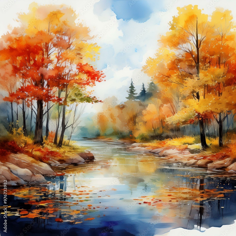 Obraz premium Watercolor autumn in the forest - autumn landscape with bright trees, golden leaves and river