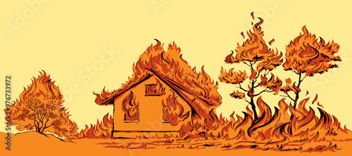 Vector drawing. Burning house and trees