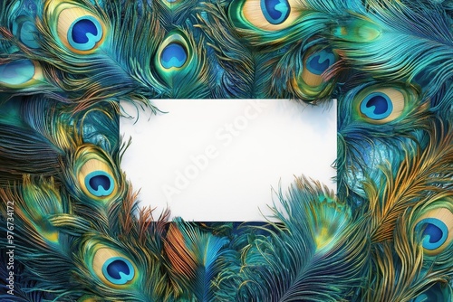 A blue and green peacock feather pattern with a white background