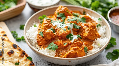 Close-up of creamy chicken curry with rice and fresh cilantro in rustic bowl next to naan bread