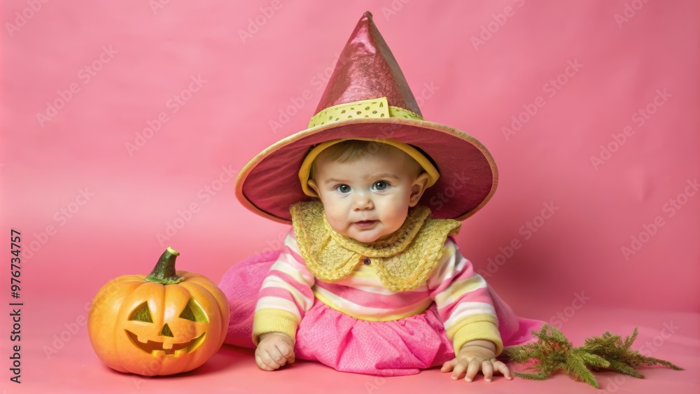 Adorable Baby Witch in Halloween Costume with Pumpkin Adorable Baby Witch in Halloween Costume with Pumpkin