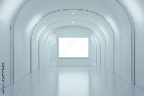 A long, narrow room with a white wall and a large blank white wall