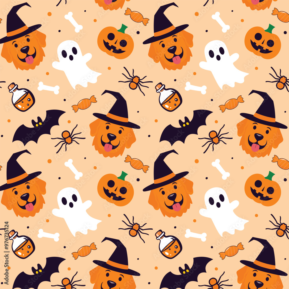 Spooky Paws Halloween Pattern with Golden Retriever, Pumpkins, Bat and Potion Spooky Paws Halloween Pattern with Golden Retriever, Pumpkins, Bat and Potion