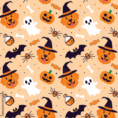Spooky Paws Halloween Pattern with Golden Retriever, Pumpkins, Bat and Potion