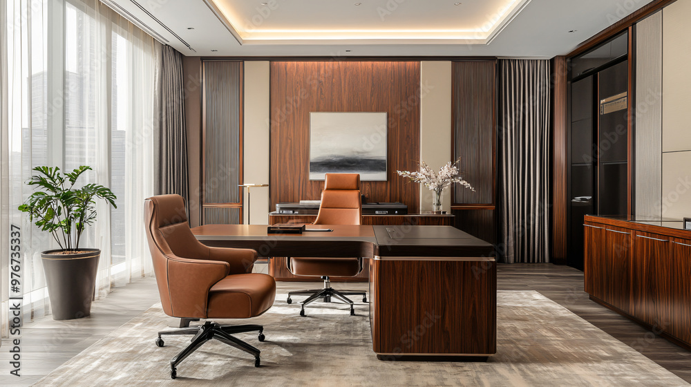Fototapeta premium An executive office suite with a large desk, leather chair, and a modern design.