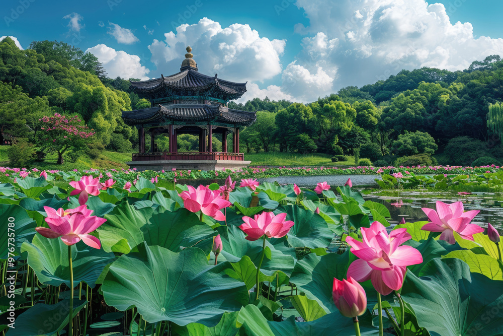 Summer lotus pond, distant pavilion Summer lotus pond, distant pavilion