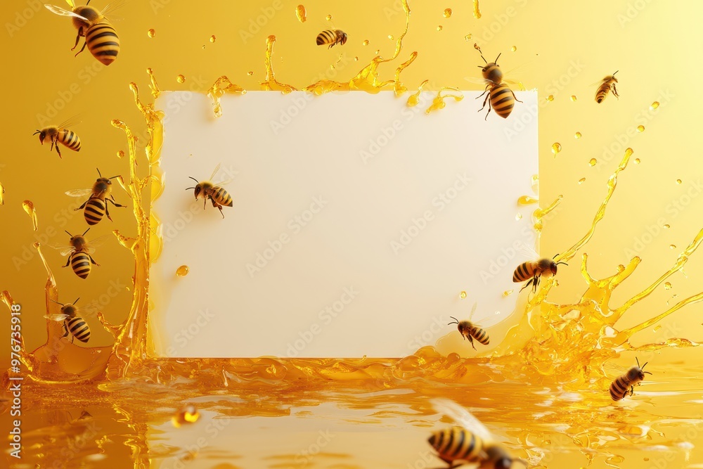 A group of bees flying over a yellow background with honey dripping from the top A group of bees flying over a yellow background with honey dripping from the top