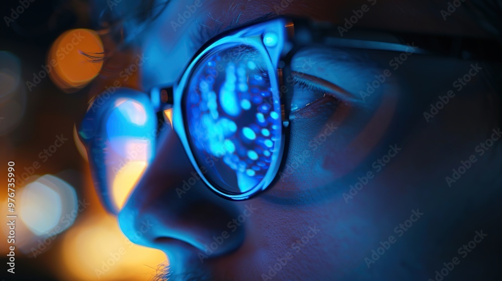 Close-up portrait of a man with glasses working late in office. Eyes strain under blue light. Close-up portrait of a man with glasses working late in office. Eyes strain under blue light.