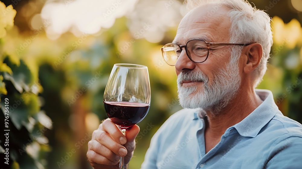Elderly Man Savoring Wine in a Vineyard Elderly Man Savoring Wine in a Vineyard