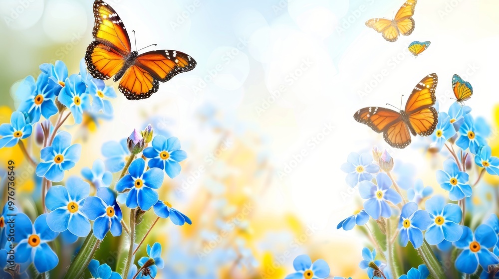Charming meadow in spring with blue forget me nots and graceful butterflies in flight