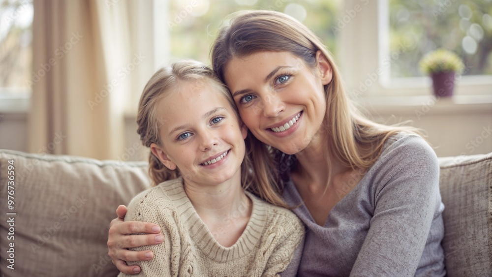 Fototapeta premium Smiling mother hugging her daughter on a sofa in a bright room with windows and a potted plant