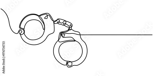 Handcuffs in one continuous line drawing. Symbol of police justice and jail prison concept in simple linear style. True crime web banner with editable stroke. Doodle vector illustration, Handcuffs one