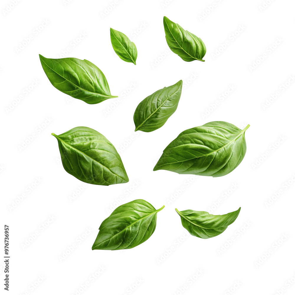Fresh basil leaves falling in mid air, vibrant green herbs Fresh basil leaves falling in mid air, vibrant green herbs