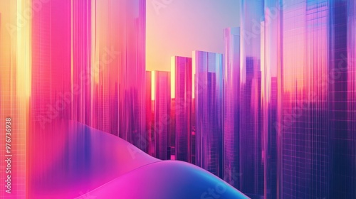 Vibrant futuristic cityscape with colorful skyscrapers at sunset