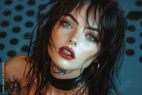 Brunette goth rocker, female, fashion and make-up shoot Portrait. Gothic, Goth, Emo, New Wave, Dark style fashion. Dark smokey make-up, red lipstick. Dramatic. Elegant.	
