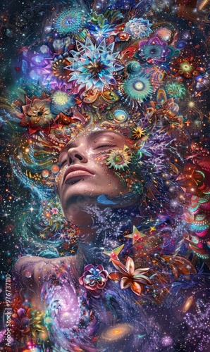 Abstract background. Windows wallpaper, Beautiful woman surrounded by stars, galaxies, flowers, and crystals, with a dark and intricate illuststration a psychedelic, DMT, LSD, Psychedelic fantasy photo