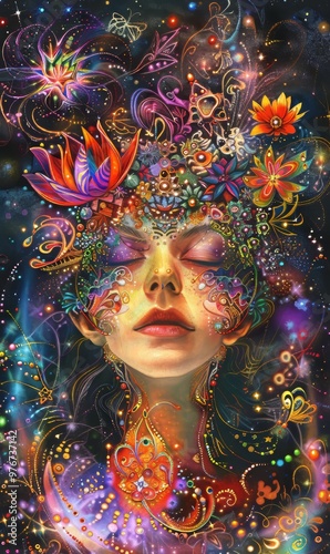 Abstract background. Windows wallpaper, Beautiful woman surrounded by stars, galaxies, flowers, and crystals, with a dark and intricate illuststration a psychedelic, DMT, LSD, Psychedelic fantasy