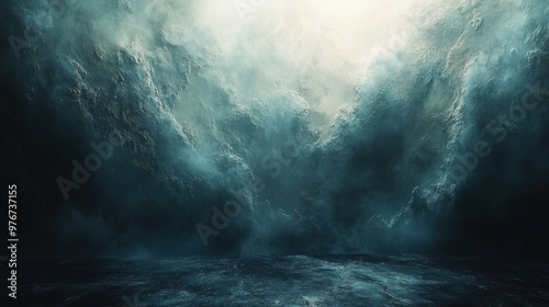 Dramatic ocean waves under a misty sky, evoking a sense of awe.