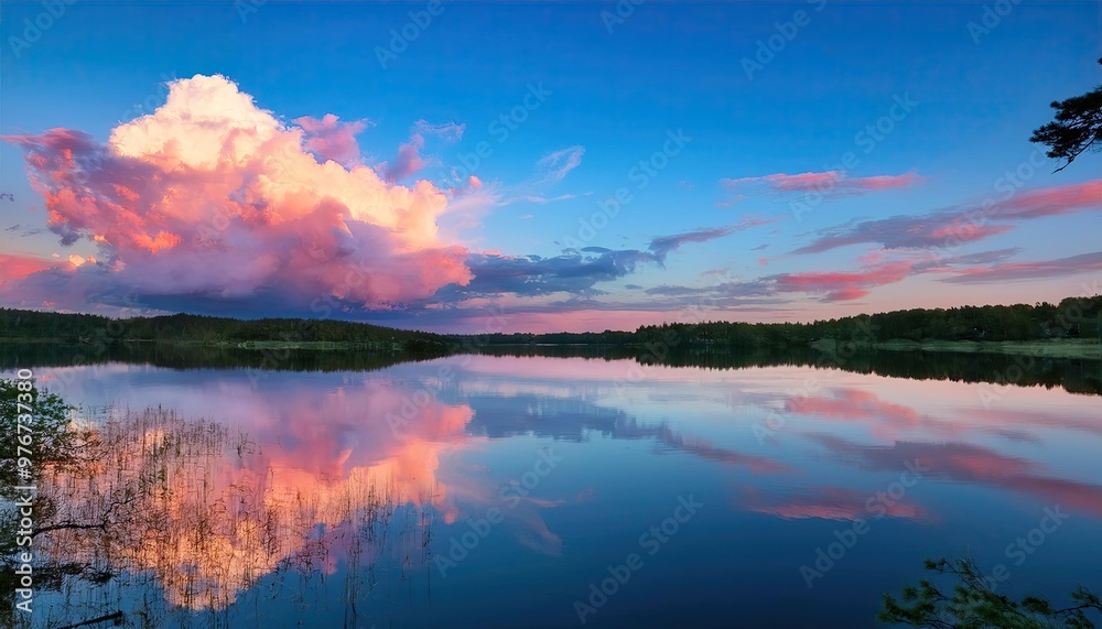 Combine a calm lake at sunset with soft pastel colors, cotton candy clouds, and a mirror-like reflection on the water to create a visually appealing sight. Combine a calm lake at sunset with soft pastel colors, cotton candy clouds, and a mirror-like reflection on the water to create a visually appealing sight.