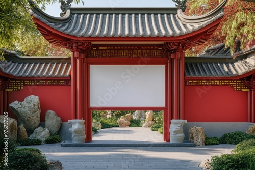 A large white sign is in front of a red building photo