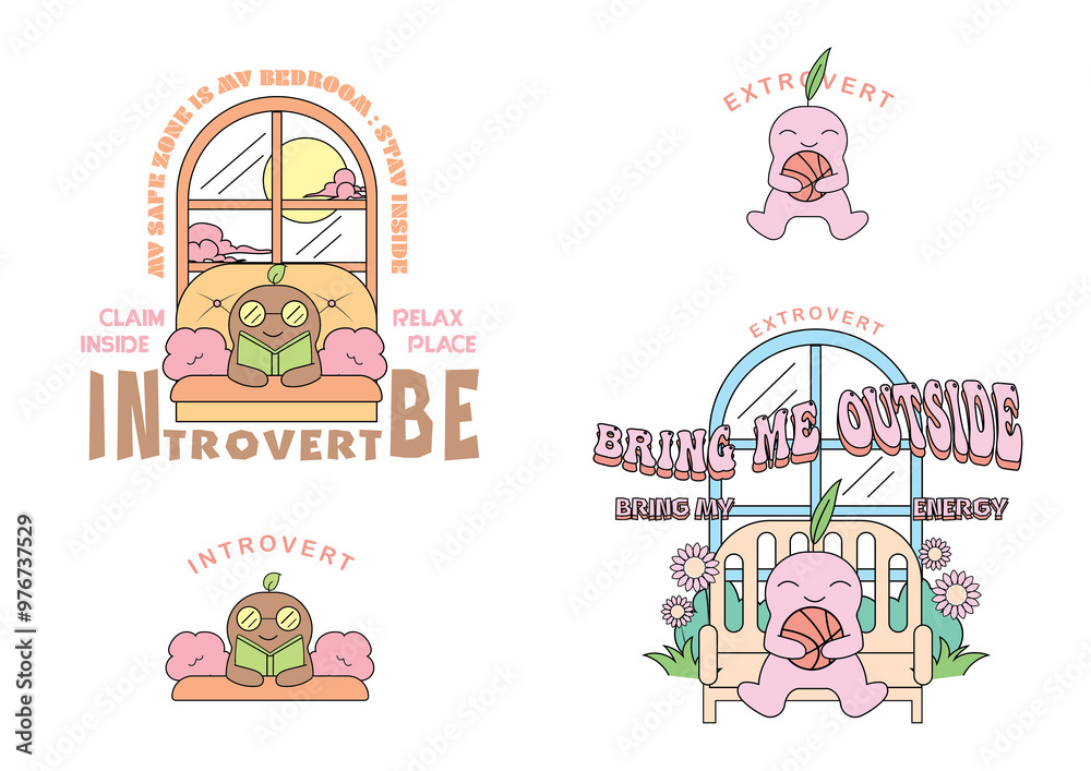 Fototapeta premium Sticker cartoon introvert and extrovert