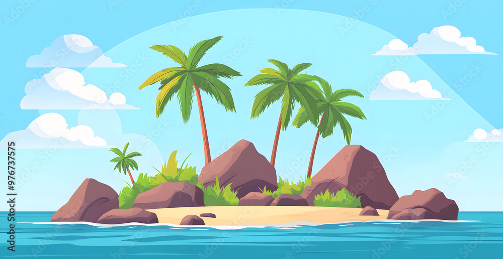 Obraz premium Minimalist Tropical Island Illustration with Palm Trees and Rocks
