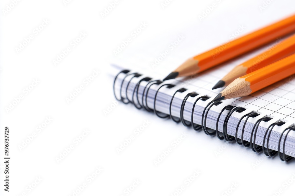 Close-up of an open spiral notebook with orange pencils placed beside it, with isolated on white background Close-up of an open spiral notebook with orange pencils placed beside it, with isolated on white background