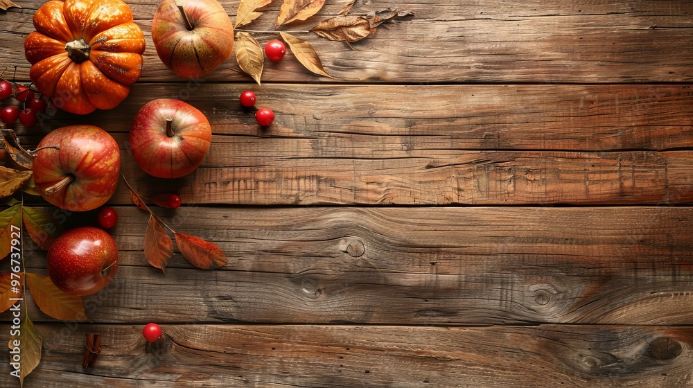 Vibrant thanksgiving display featuring pumpkins, fruits, and autumn leaves on rustic wood Vibrant thanksgiving display featuring pumpkins, fruits, and autumn leaves on rustic wood