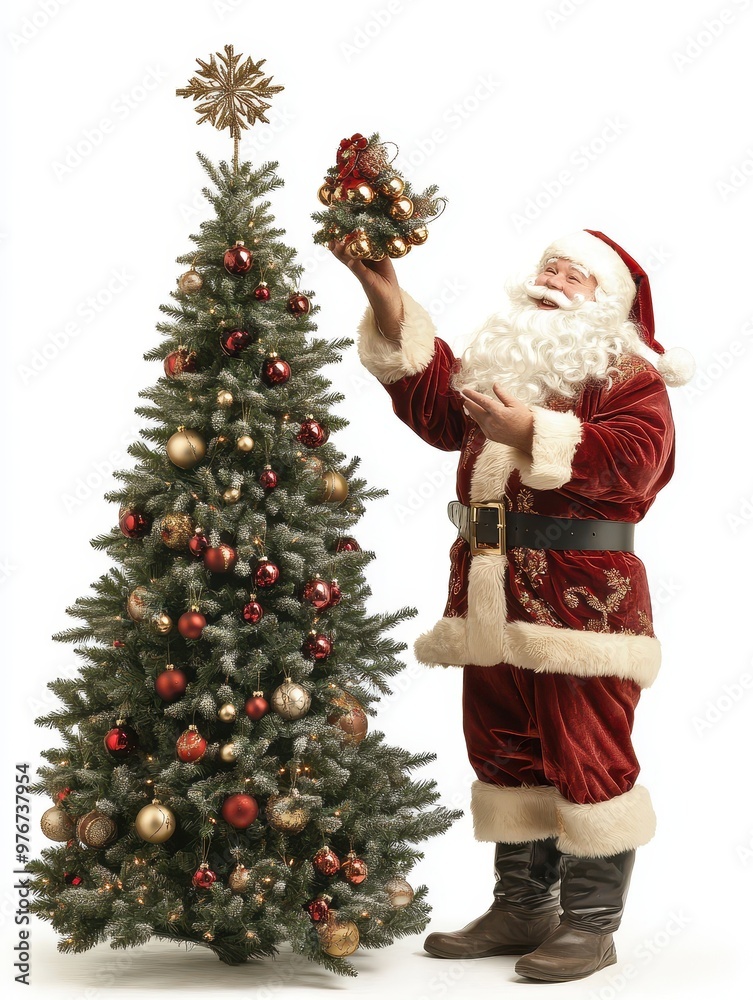 Santa Claus Decorating a Christmas Tree with a Star Ornament Santa Claus Decorating a Christmas Tree with a Star Ornament