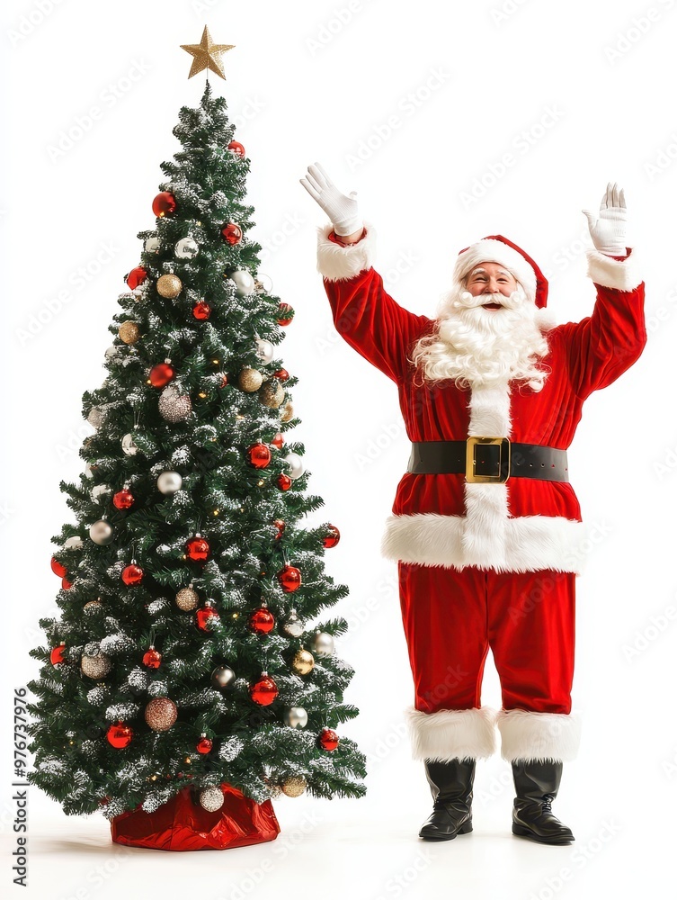 Fototapeta premium Jolly Santa Claus Standing in Front of a Christmas Tree with Arms Raised in Celebration